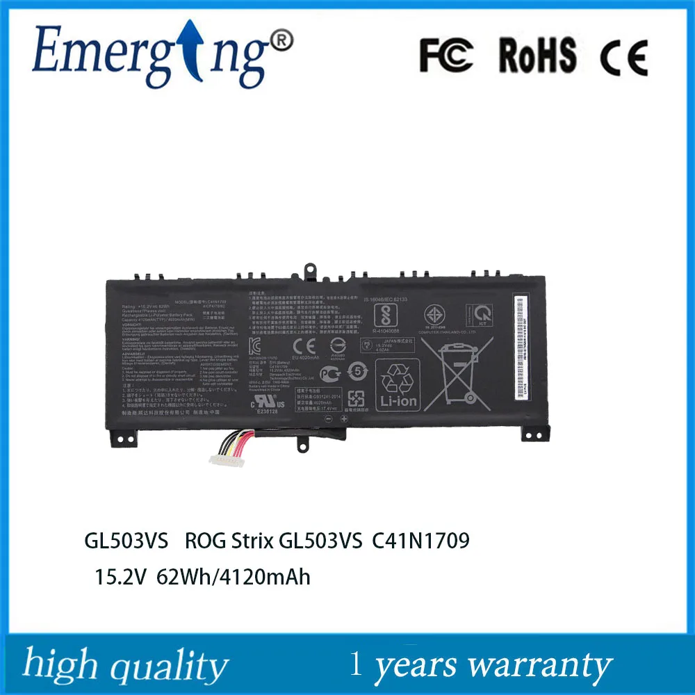 15,2 В, 62 Втч, 4120 мАч, аккумулятор для ноутбука C41N1709 для ASUS ROG Strix GL503VS EI038T DH74 EI005T EI044T
15,2 В, 62 Втч, 4120 мАч, аккумулятор для ноутбука C41N1709 для ASUS ROG Strix GL503VS EI038T DH74 EI005T EI044T