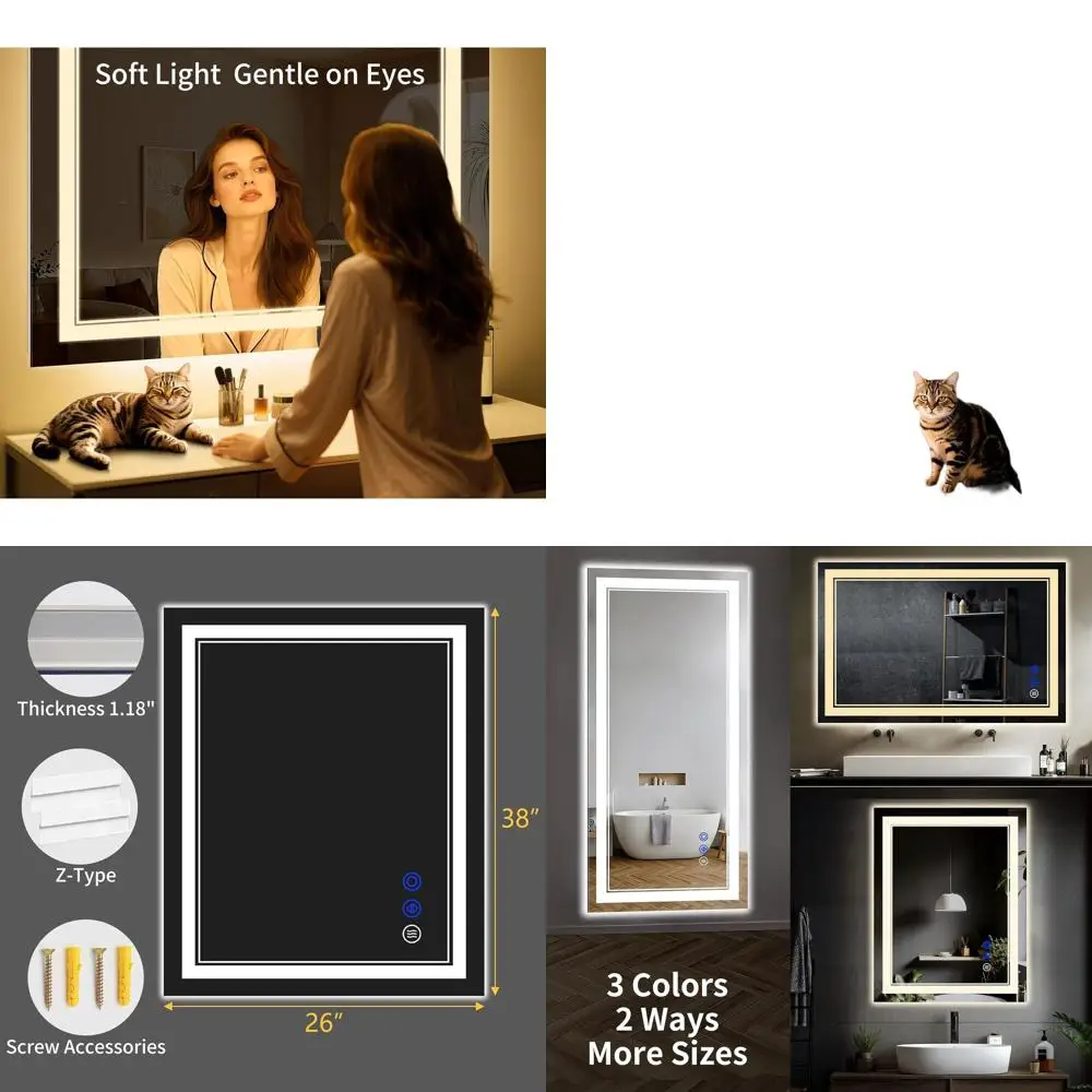 38 x 26 LED Mirror with Anti-Fog, Step Dimmable Lights, 3 Color Options, Shatter-Resistant Tempered Glass, Memory Function & Wat
38 x 26 LED Mirror with Anti-Fog, Step Dimmable Lights, 3 Color Options, Shatter-Resistant Tempered Glass, Memory Function & Wat