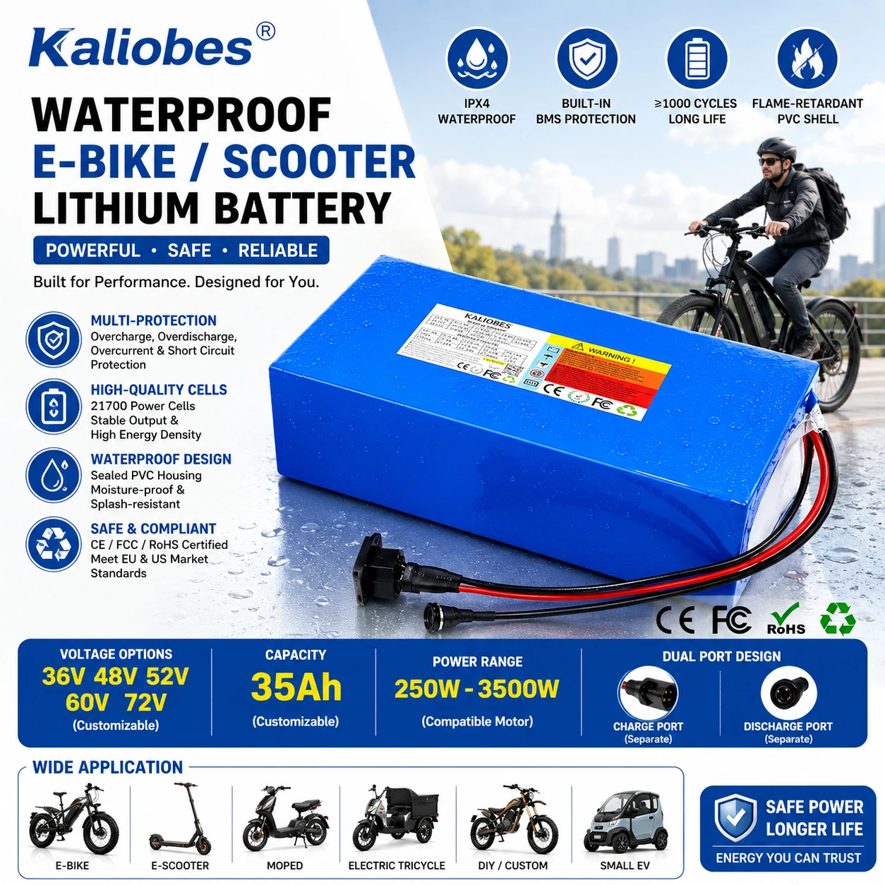 21V 24V 36V 48V 52V 60V 72V 35Ah 21700 Electric Bike Lithium Battery Pack for 100W~3500W High Power Bicycle Scooter Motorcycle
21V 24V 36V 48V 52V 60V 72V 35Ah 21700 Electric Bike Lithium Battery Pack for 100W~3500W High Power Bicycle Scooter Motorcycle