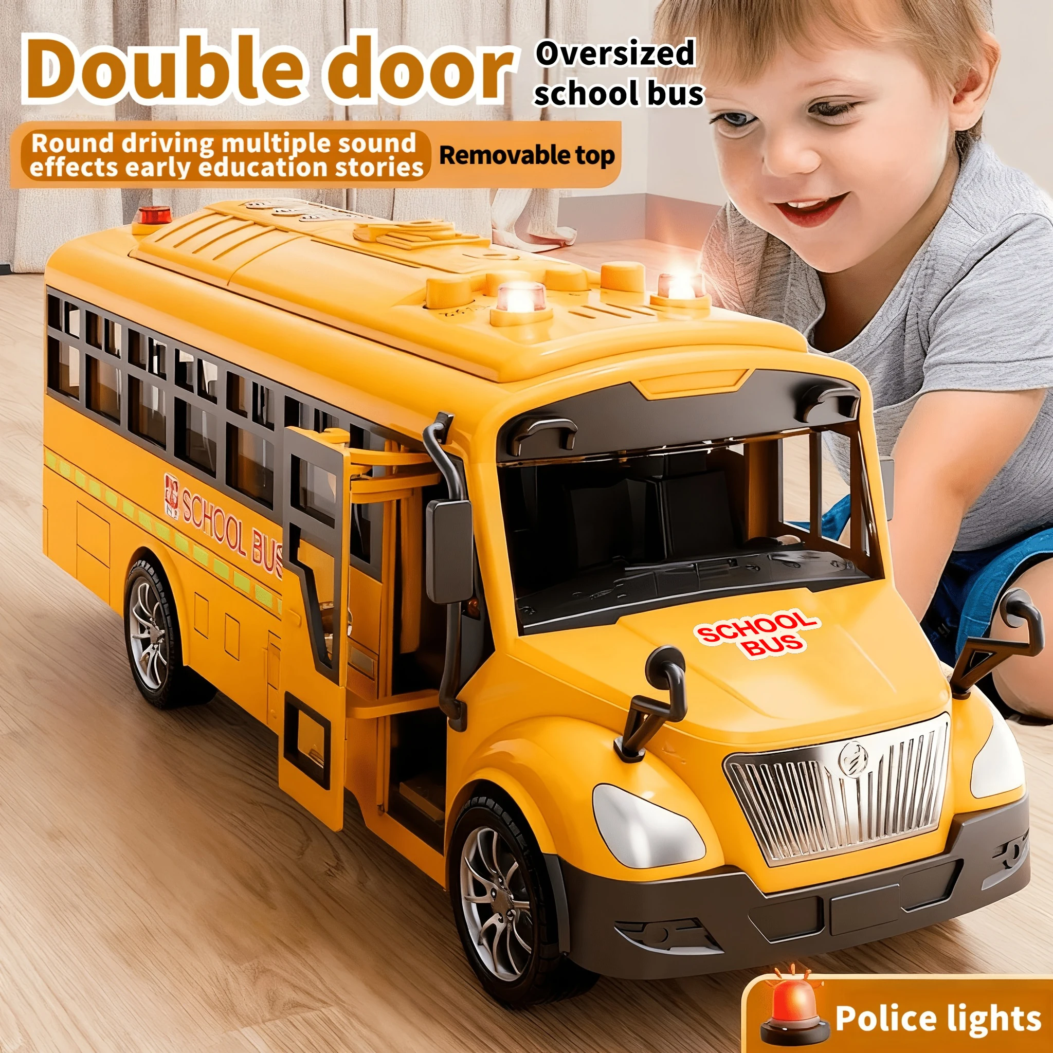 Large yellow interactive school bus toy with movable doors, open roof and flashing lights, inertia-powered school bus model
Large yellow interactive school bus toy with movable doors, open roof and flashing lights, inertia-powered school bus model