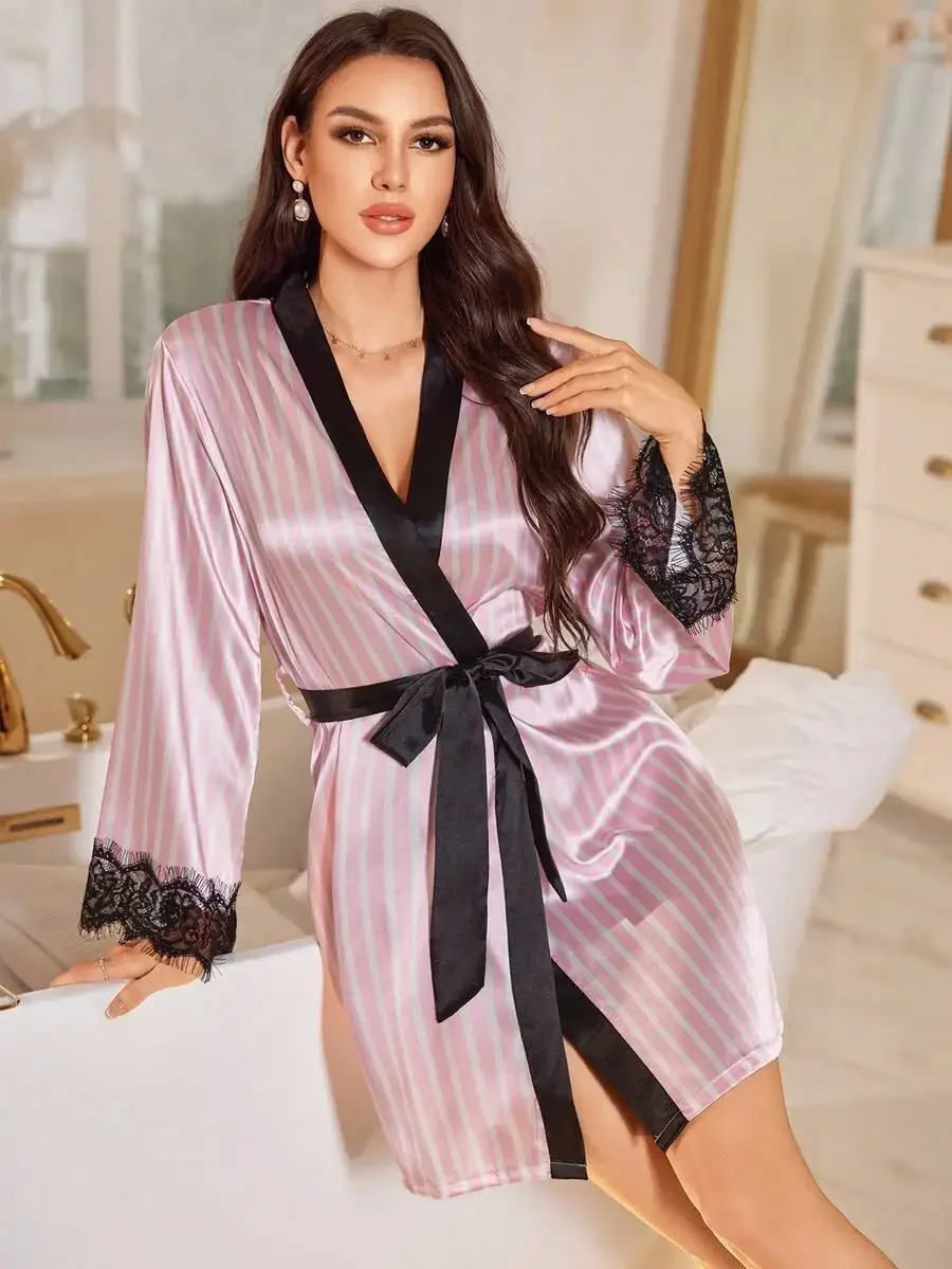 Elegant Pink Satin Robe With Lace Trim And Knot Belt Long Sleeve Sleepwear
Elegant Pink Satin Robe With Lace Trim And Knot Belt Long Sleeve Sleepwear