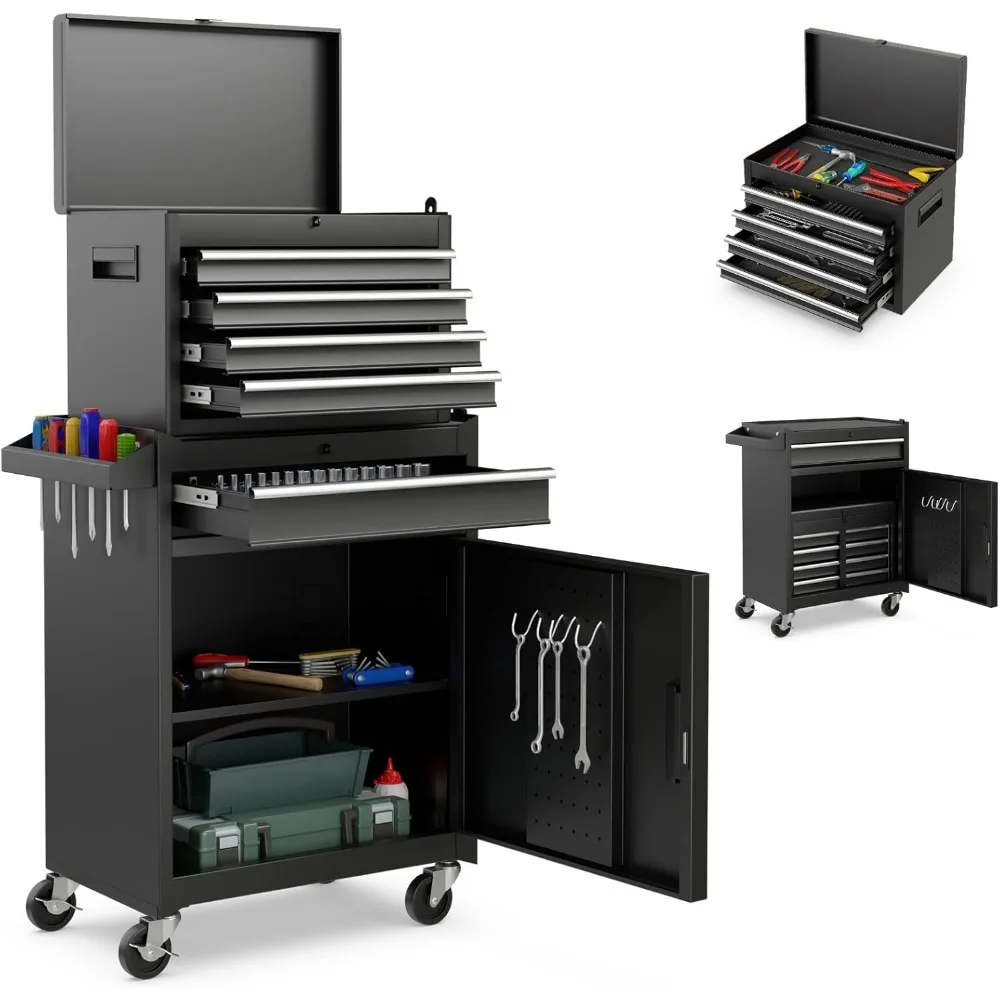 Tool Chest, 5 Drawers Rolling Tool Cabinet with Detachable Top Toolbox, Universal Lockable Wheels, Lock Bar, Protective Liner
Tool Chest, 5 Drawers Rolling Tool Cabinet with Detachable Top Toolbox, Universal Lockable Wheels, Lock Bar, Protective Liner