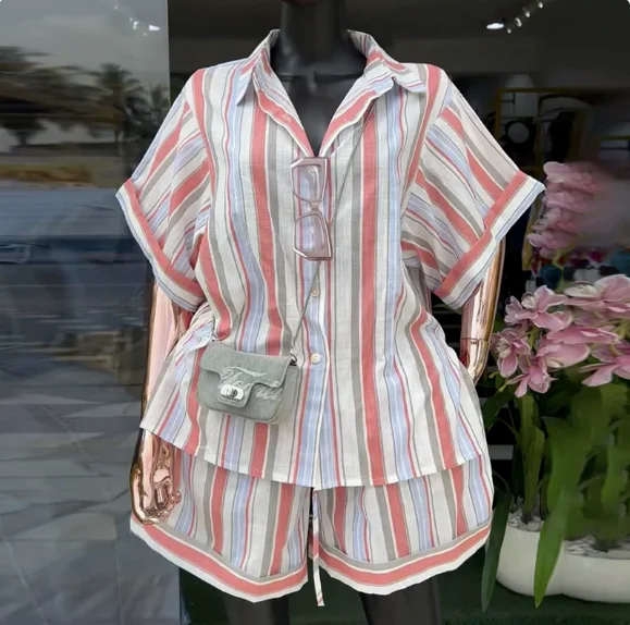 Two Piece Set Women Outfit 2026 Spring Summer New Fashion Striped Turn-Down Collar Short Sleeve Shirt & Wide Leg Shorts Set
Two Piece Set Women Outfit 2026 Spring Summer New Fashion Striped Turn-Down Collar Short Sleeve Shirt & Wide Leg Shorts Set