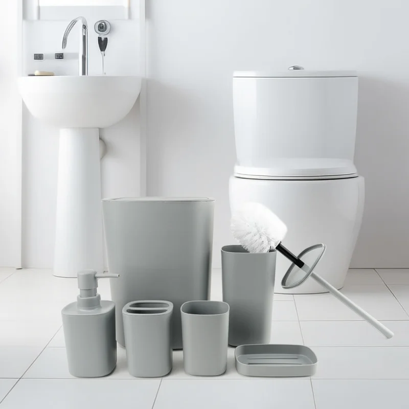 Square plastic bathroom accessory six-piece set: mouthwash and toothbrush holder, soap box, bathroom storage set, toilet brush
Square plastic bathroom accessory six-piece set: mouthwash and toothbrush holder, soap box, bathroom storage set, toilet brush