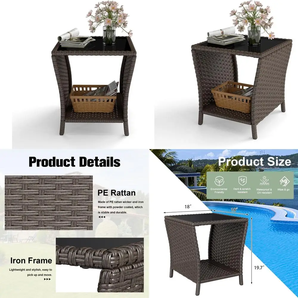 Durable PE Rattan Outdoor Side Table with Tempered Glass Top and Storage Shelf for Patio, Balcony, and Porch
Durable PE Rattan Outdoor Side Table with Tempered Glass Top and Storage Shelf for Patio, Balcony, and Porch