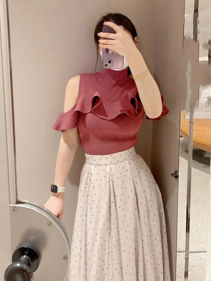 Sweet Pure Color Half High Collar Lace Trim Shoulder Bared Knitwear Stylish Japanese Style Short Sleeve Slim Fit Summer Top
Sweet Pure Color Half High Collar Lace Trim Shoulder Bared Knitwear Stylish Japanese Style Short Sleeve Slim Fit Summer Top