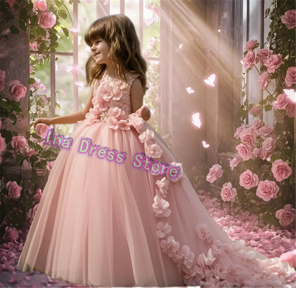 Милое бальное платье принцессы с цветочным узором для девочек, тюлевое кружевное платье без рукавов с аппликацией, пышные платья для первого причастия, детские платья на день рождения