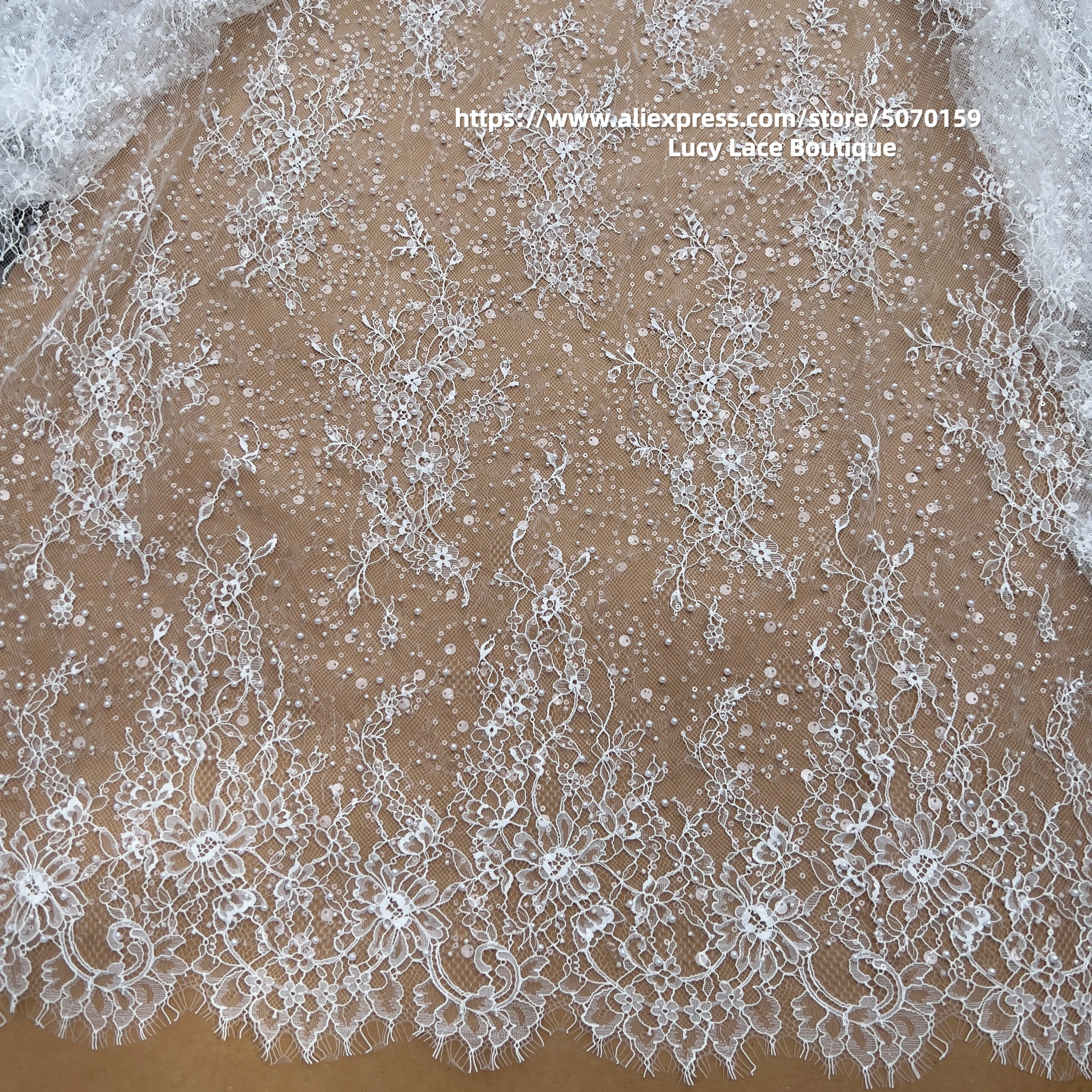 High-Shine Sequins Beads Embellished Lace Fabric Glittering Illusion Lace Fabric Off White 1.5M Wide Wedding Lace 3M Long/Piece
High-Shine Sequins Beads Embellished Lace Fabric Glittering Illusion Lace Fabric Off White 1.5M Wide Wedding Lace 3M Long/Piece
