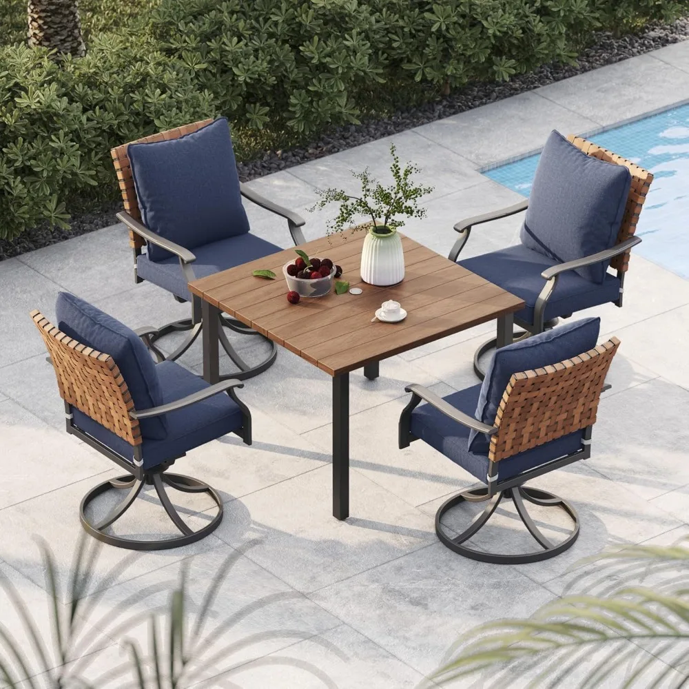 5-Piece Outdoor Dining Set, 4 Leather-Look Wicker Swivel Blue Patio Chairs & 1 Square Woodgrain Dining Table, Brown
5-Piece Outdoor Dining Set, 4 Leather-Look Wicker Swivel Blue Patio Chairs & 1 Square Woodgrain Dining Table, Brown