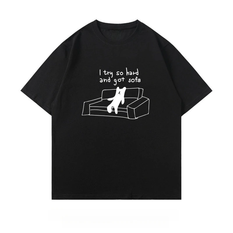 Футболка с забавным принтом «Кот на диване», «Я стараюсь очень старательно», черная повседневная футболка, футболка с юмористической цитатой, свободный крой в уличном стиле
Футболка с забавным принтом «Кот на диване», «Я стараюсь очень старательно», черная повседневная футболка, футболка с юмористической цитатой, свободный крой в уличном стиле