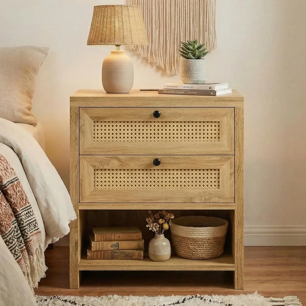 Night Stand, 23" Wide Nightstand with Charging Station, Boho Side Table with Drawers and Open Shelf, Rattan Bedside, Customized
Night Stand, 23" Wide Nightstand with Charging Station, Boho Side Table with Drawers and Open Shelf, Rattan Bedside, Customized