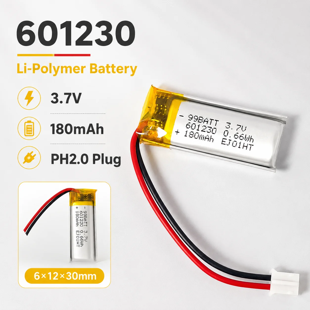 3.7V 180mAh 601230 Lithium Polymer Rechargeable Battery Fit TWS Earphone MP3 MP4 GPS Recorder Mini Cooling Fan
3.7V 180mAh 601230 Lithium Polymer Rechargeable Battery Fit TWS Earphone MP3 MP4 GPS Recorder Mini Cooling Fan