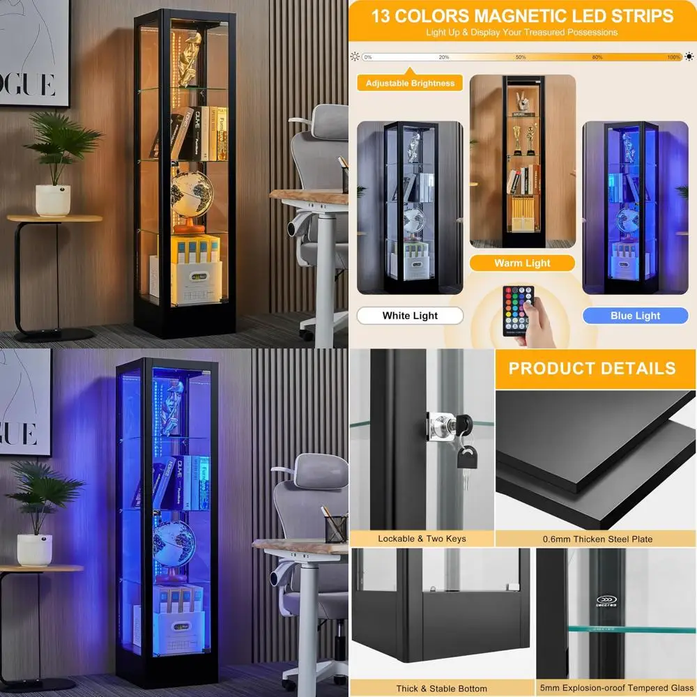 Четырехъярусный стеклянный шкаф-витрина с 13-цветной подсветкой, запираемый, 63-дюймовый шкаф Curio со стеклянными дверями и регулируемым шкафом 
Четырехъярусный стеклянный шкаф-витрина с 13-цветной подсветкой, запираемый, 63-дюймовый шкаф Curio со стеклянными дверями и регулируемым шкафом