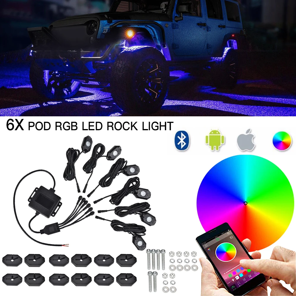 LED Rock Lights 6 Pods Multicolor RGB Neon Trail Rig Ambient Light Underglow for UTV ATV Boat Polaris Can-Am Yamaha Honda Tundra
LED Rock Lights 6 Pods Multicolor RGB Neon Trail Rig Ambient Light Underglow for UTV ATV Boat Polaris Can-Am Yamaha Honda Tundra