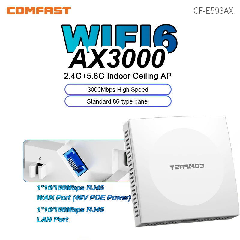 Comfast Indoor Panel AP 48V POE 2.4G/5.8G In Wall Access Point WiFi6 3000Mbps Gigabit Router RJ45 Ports For Hotel/Office/School
Comfast Indoor Panel AP 48V POE 2.4G/5.8G In Wall Access Point WiFi6 3000Mbps Gigabit Router RJ45 Ports For Hotel/Office/School