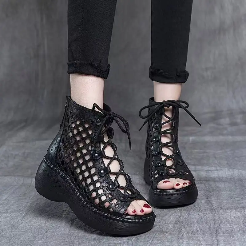 Women Real Leather Wedges Peep Toe Cool Boots Thick Sole Non Slip Hollow Out Lightweight High Top Zippers High Heel Ankle Boot
Women Real Leather Wedges Peep Toe Cool Boots Thick Sole Non Slip Hollow Out Lightweight High Top Zippers High Heel Ankle Boot