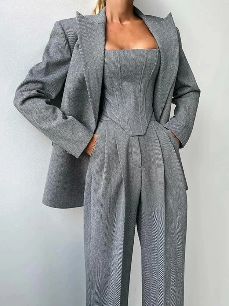 Temperament Fishbone Top Blazer Pants Sets 3 Pieces For Women Solid Jacket Crop Tops High Waist Pocket Pant Lady Office Set 2025
Temperament Fishbone Top Blazer Pants Sets 3 Pieces For Women Solid Jacket Crop Tops High Waist Pocket Pant Lady Office Set 2025