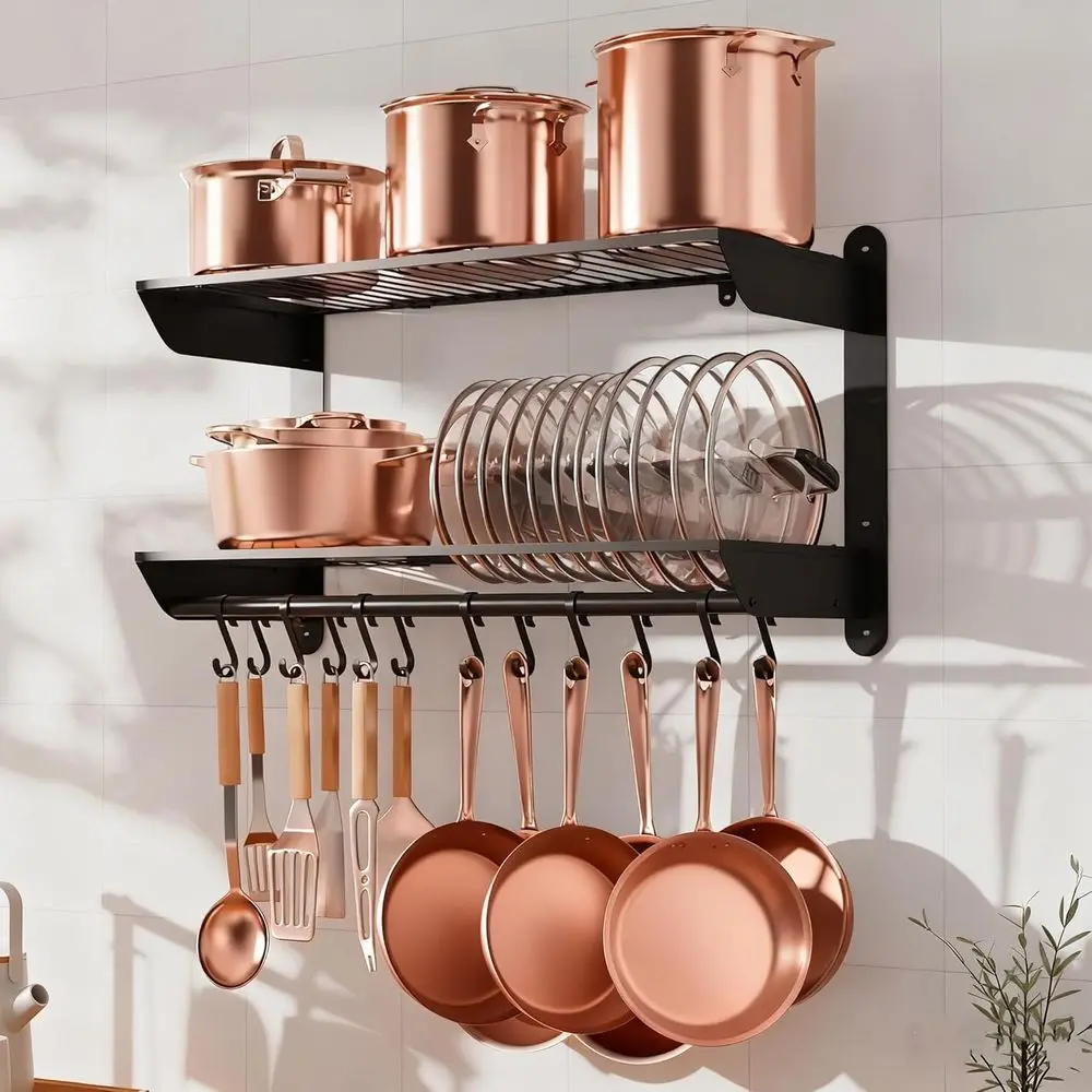 30 Wall-Mounted Pot Rack, 2-Tier with 12 Hooks, Heavy-Duty Cookware Organizer, Black
30 Wall-Mounted Pot Rack, 2-Tier with 12 Hooks, Heavy-Duty Cookware Organizer, Black