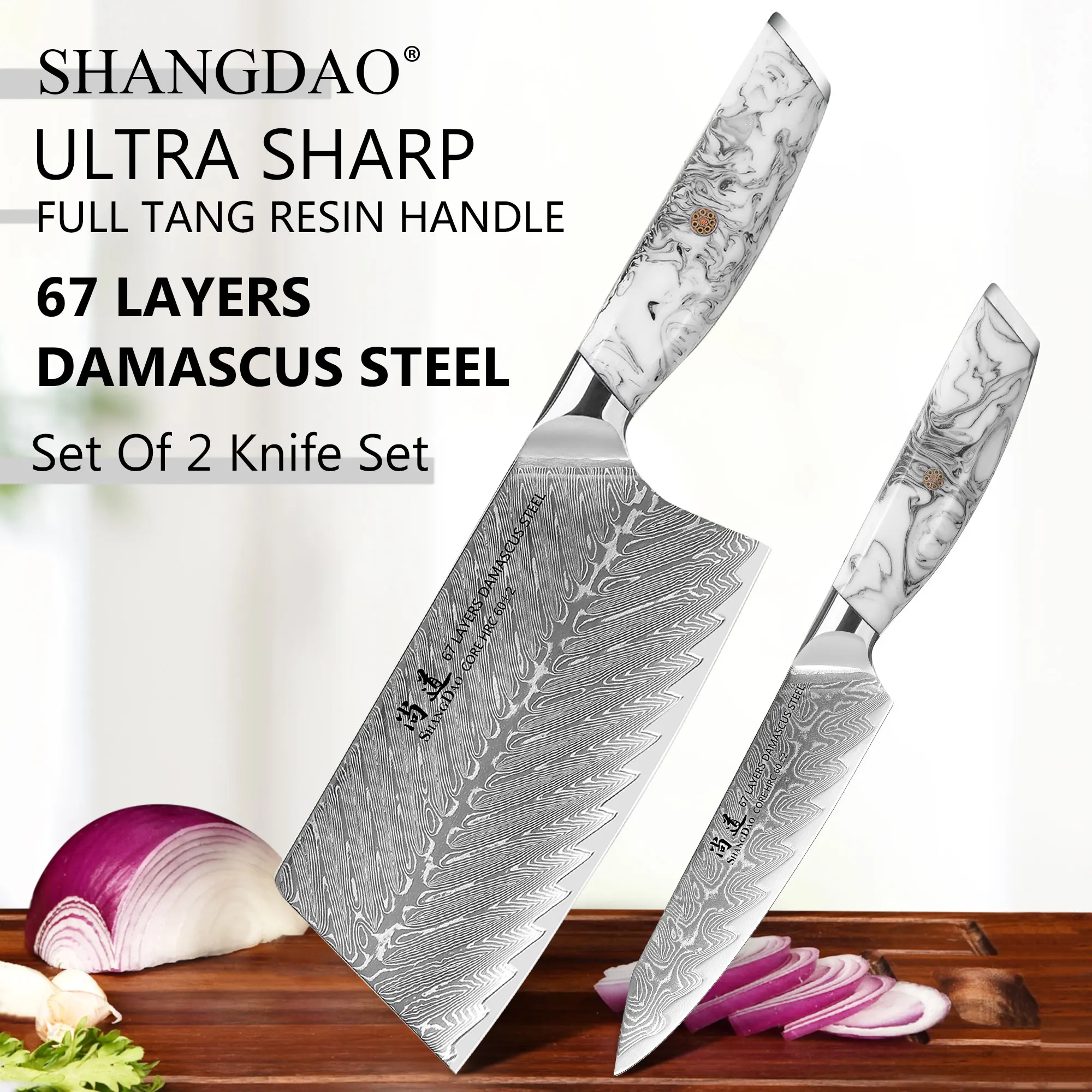 SHANGDAO 2Pcs Damascus Forged Knife Set, Professional Cleaver & Utility Knife with Ultra Sharp Blade, Ergonomic Resin Handle
SHANGDAO 2Pcs Damascus Forged Knife Set, Professional Cleaver & Utility Knife with Ultra Sharp Blade, Ergonomic Resin Handle