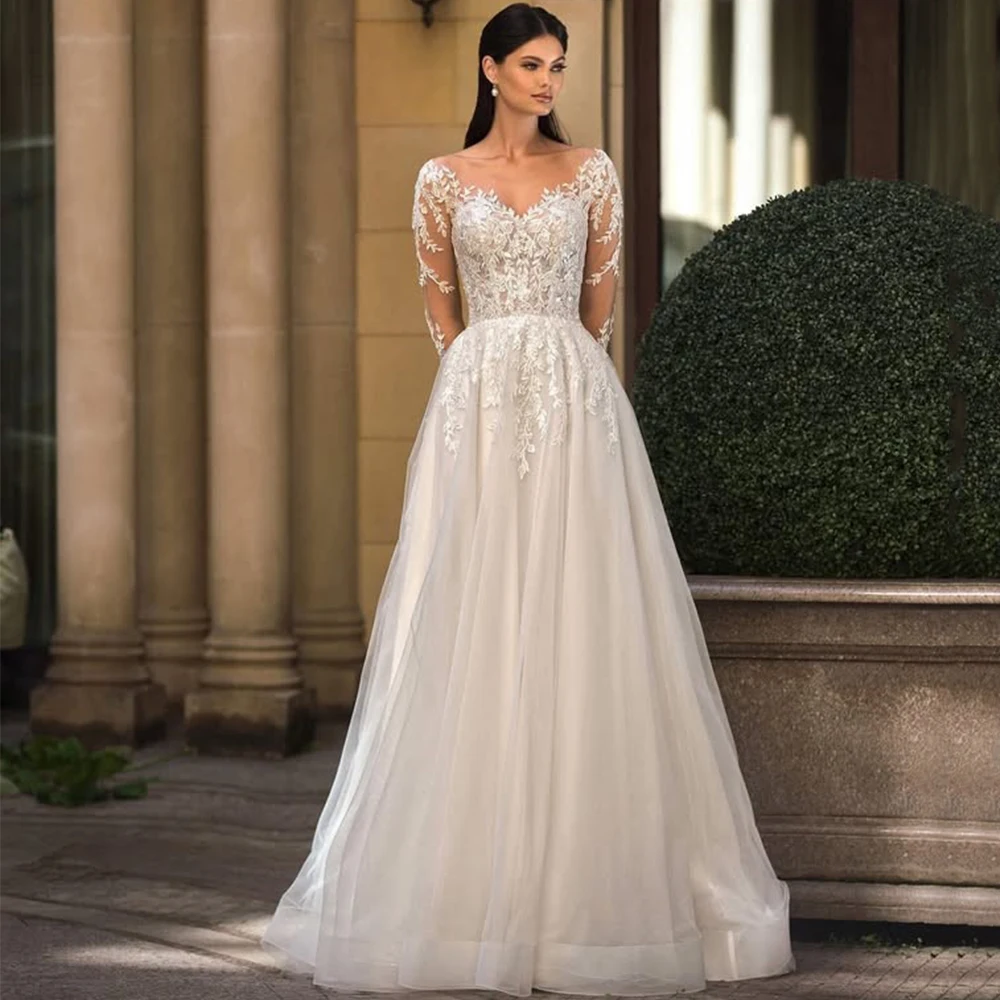 Elegant Bride Customized Wedding Dress Scoop Neck Long Sleeve Tulle Applique A-Line Illusion свадебное платье
Elegant Bride Customized Wedding Dress Scoop Neck Long Sleeve Tulle Applique A-Line Illusion свадебное платье
