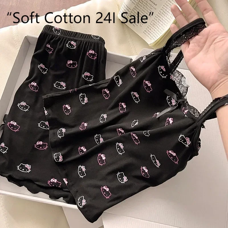Summer new black suspender lace cute cartoon Hello Kitty pajamas women's sweet loungewear set
Summer new black suspender lace cute cartoon Hello Kitty pajamas women's sweet loungewear set
