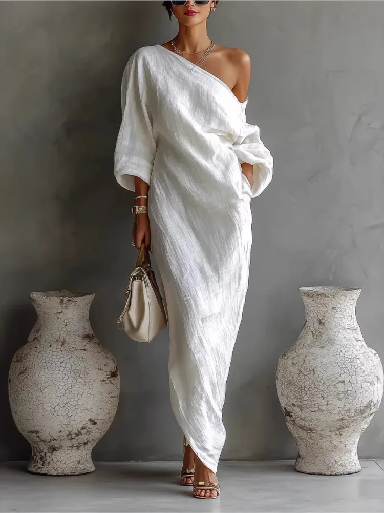 Sexy One Shoulder Long Sleeve Maxi Dress 2026 Spring New Slightly Open Collar Long Dresses Woman Casual Solid Loose Boho Dress
Sexy One Shoulder Long Sleeve Maxi Dress 2026 Spring New Slightly Open Collar Long Dresses Woman Casual Solid Loose Boho Dress