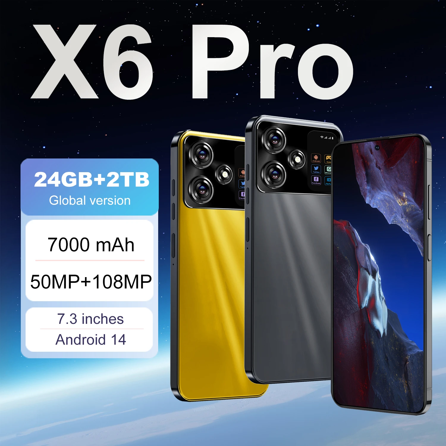 Смартфон New X6 Pro, телефон с экраном 7,3 дюйма HD + Android 14, 7000 мАч, 4G/телефон, Snapdragon 8 Gen 3, 50 Мп + МП
Смартфон New X6 Pro, телефон с экраном 7,3 дюйма HD + Android 14, 7000 мАч, 4G/телефон, Snapdragon 8 Gen 3, 50 Мп + МП
