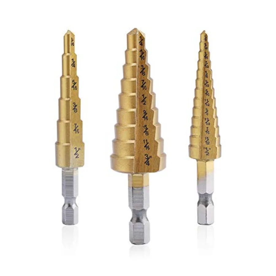 Step Drill Bit Set - Titanium Coated, High Speed Steel Drill Cone Bits for Aluminum, Wood and Plastic Hole Drilling Cutting, Mu
Step Drill Bit Set - Titanium Coated, High Speed Steel Drill Cone Bits for Aluminum, Wood and Plastic Hole Drilling Cutting, Mu