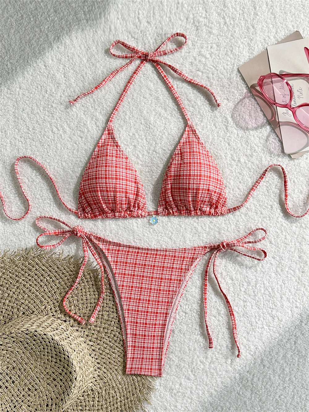 Sexy Plaid Bikini Micro String Swimsuit Women Cute Flower Pendant Swimwear Korean Y2k Vacation Beach Outfit Backless Bathing Set
Sexy Plaid Bikini Micro String Swimsuit Women Cute Flower Pendant Swimwear Korean Y2k Vacation Beach Outfit Backless Bathing Set
