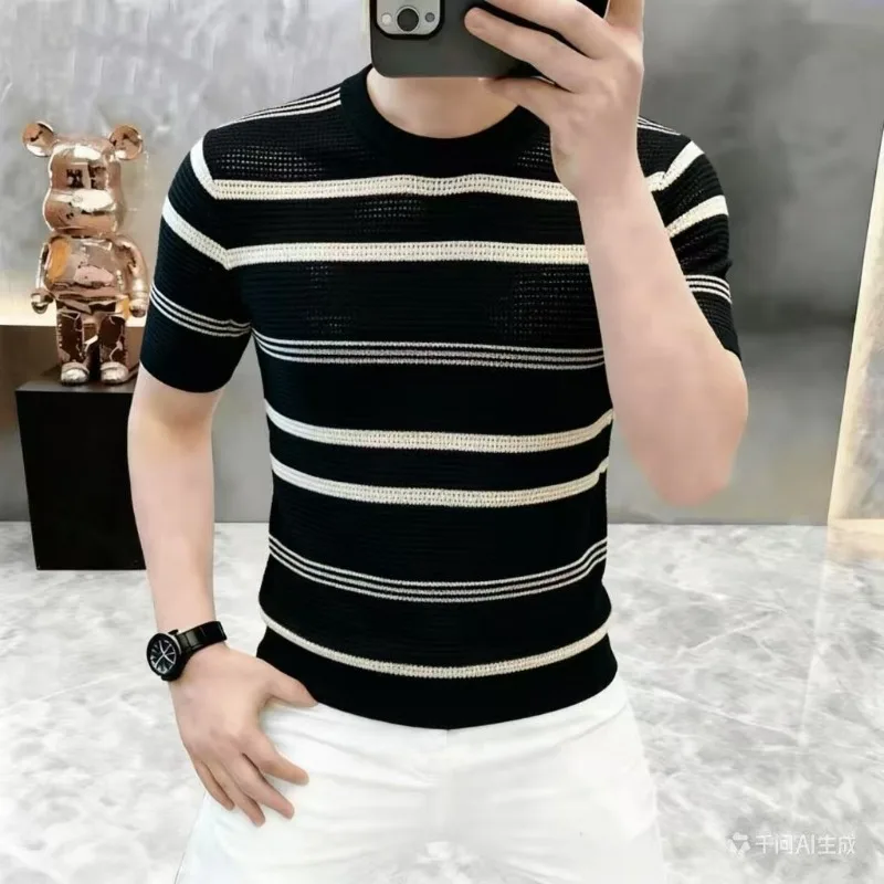 Summer Men's Round Neck Short Sleeved T-shirt High-quality Stripes Hollow Knitting Casual Tshirts Versatile Business Tee Top
Summer Men's Round Neck Short Sleeved T-shirt High-quality Stripes Hollow Knitting Casual Tshirts Versatile Business Tee Top
