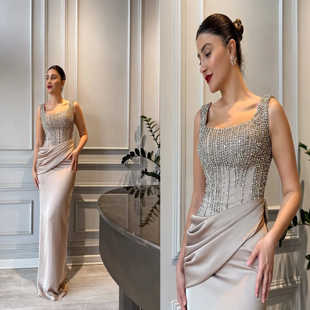 Customized Fantastic Square Collar Satin Pleated Formal Evening Gown Beading Sheath Backless Long Saudi Arab Dress for Bridal
Customized Fantastic Square Collar Satin Pleated Formal Evening Gown Beading Sheath Backless Long Saudi Arab Dress for Bridal