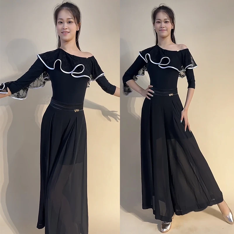 Новая одежда для бальных танцев, женские кружевные топы с косым воротником, шифоновые брюки, одежда для латинского вальса, одежда для выступлений
Новая одежда для бальных танцев, женские кружевные топы с косым воротником, шифоновые брюки, одежда для латинского вальса, одежда для выступлений