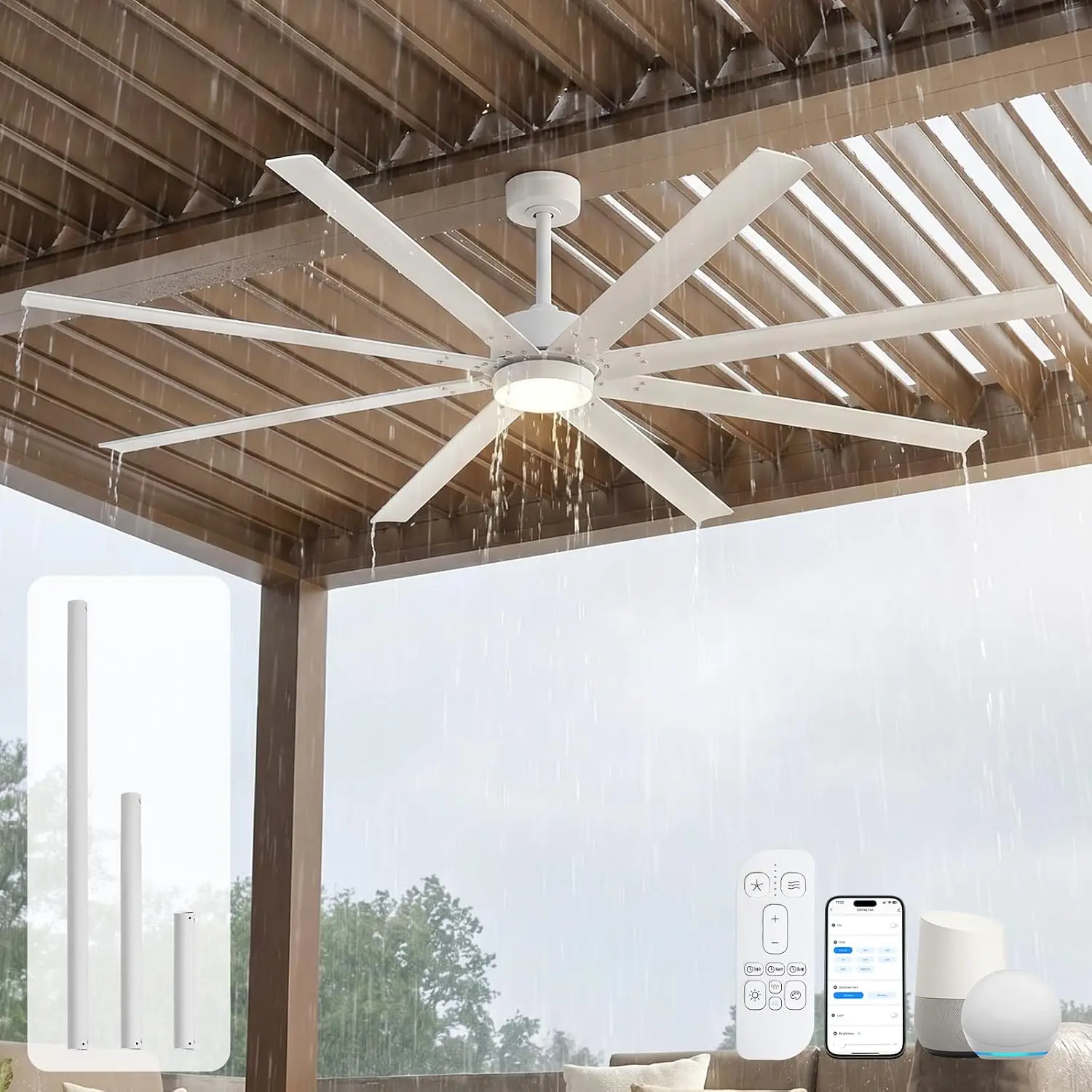 White 56-Inch Outdoor Ceiling Fan with Light, Wet Rated, Smart Control via Alexa/App/Remote, 8 Rust-Resistant Aluminum Blades, 7446 CFM Airflow, Modern Farmhouse Style for Patios, Coastal Areas and Garage
White 56-Inch Outdoor Ceiling Fan with Light, Wet Rated, Smart Control via Alexa/App/Remote, 8 Rust-Resistant Aluminum Blades, 7446 CFM Airflow, Modern Farmhouse Style for Patios, Coastal Areas and Garage