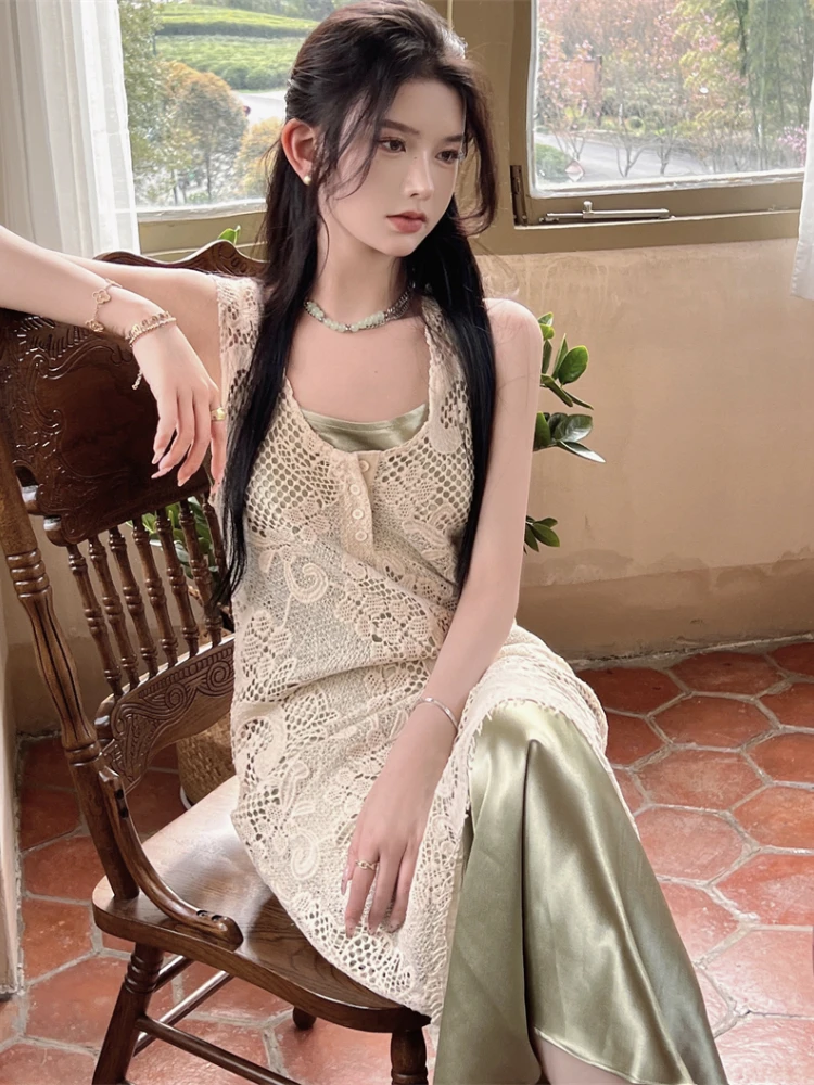 Women's Summer Two Piece Dress Sets Outfits Women Elegant Sleeveless Satin Strap Dress+ Long Lace Vest
Women's Summer Two Piece Dress Sets Outfits Women Elegant Sleeveless Satin Strap Dress+ Long Lace Vest