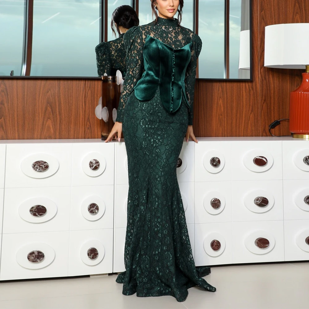 Зеленое вечернее платье с баской по индивидуальному заказу, кружевное вечернее платье с высоким воротником и длинными рукавами, бархатный корсет, свадебное платье на пуговицах спереди
Зеленое вечернее платье с баской по индивидуальному заказу, кружевное вечернее платье с высоким воротником и длинными рукавами, бархатный корсет, свадебное платье на пуговицах спереди