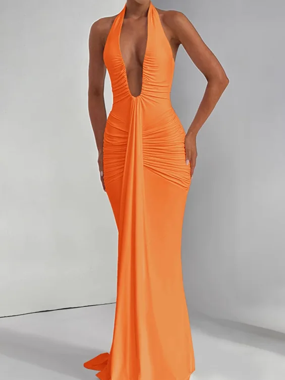 Solid Color Waist Cinched Backless Pleated Fashionable Design Fishtail Dress Sexy Deep V-Neck Hanging Collar Slim Pleated Skirt
Solid Color Waist Cinched Backless Pleated Fashionable Design Fishtail Dress Sexy Deep V-Neck Hanging Collar Slim Pleated Skirt