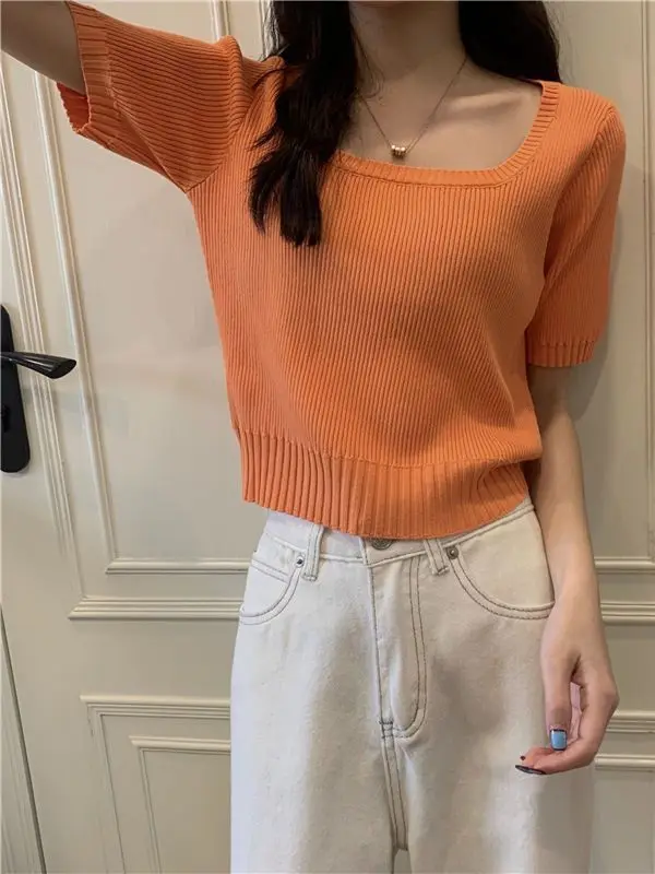 Slim Fit Short Sleeve Ice Silk Knitted Top Women's Fashion Spring Summer Thin Style Square Collar Princess Sleeve Design
Slim Fit Short Sleeve Ice Silk Knitted Top Women's Fashion Spring Summer Thin Style Square Collar Princess Sleeve Design