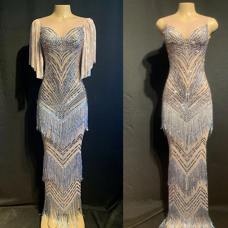 Sparkly Silver Rhinestones Dress Tassels Long Dress Birthday Celebrate Evening Prom Dresses Women Stage Dance Costumes XS5734
Sparkly Silver Rhinestones Dress Tassels Long Dress Birthday Celebrate Evening Prom Dresses Women Stage Dance Costumes XS5734