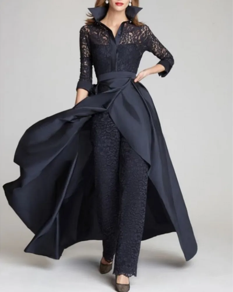 Jumpsuit A-Line Mother of the Bride Groom Dresses Shirt Collar Floor Length Satin Lace Wedding Party Gowns Navy Blue Plus Size
Jumpsuit A-Line Mother of the Bride Groom Dresses Shirt Collar Floor Length Satin Lace Wedding Party Gowns Navy Blue Plus Size