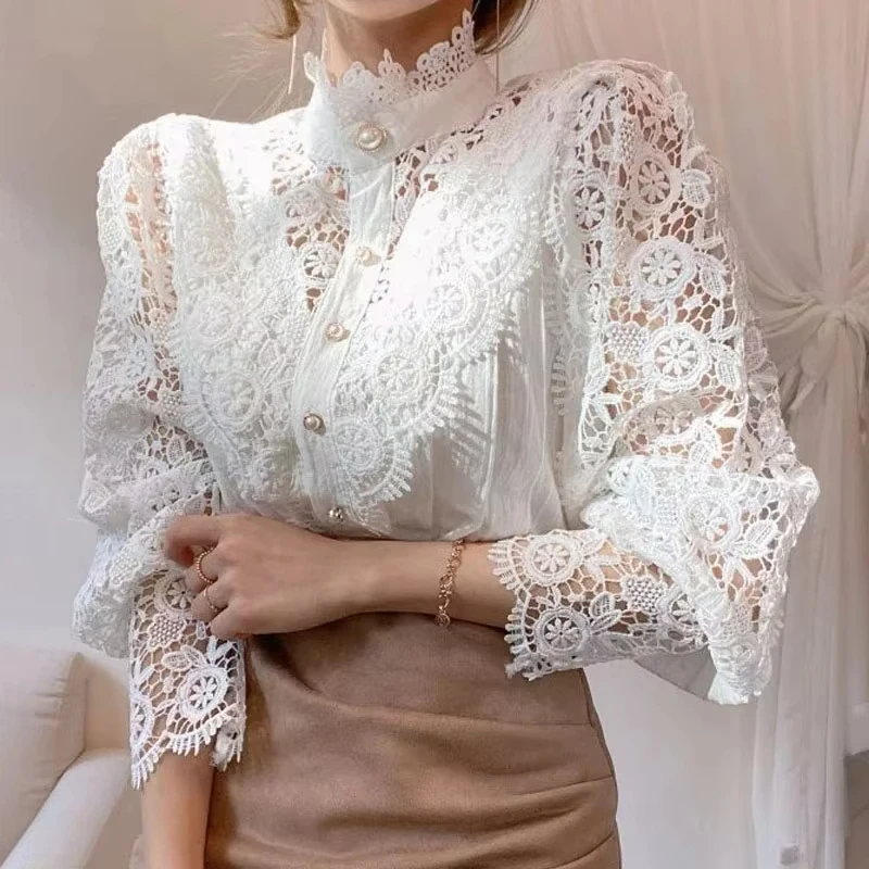 Shirt Women Blusas Mujer De Moda Office Lady Flower Blouse Spring Hollow Out Lace Stand Collar Button Female Clothing
Shirt Women Blusas Mujer De Moda Office Lady Flower Blouse Spring Hollow Out Lace Stand Collar Button Female Clothing