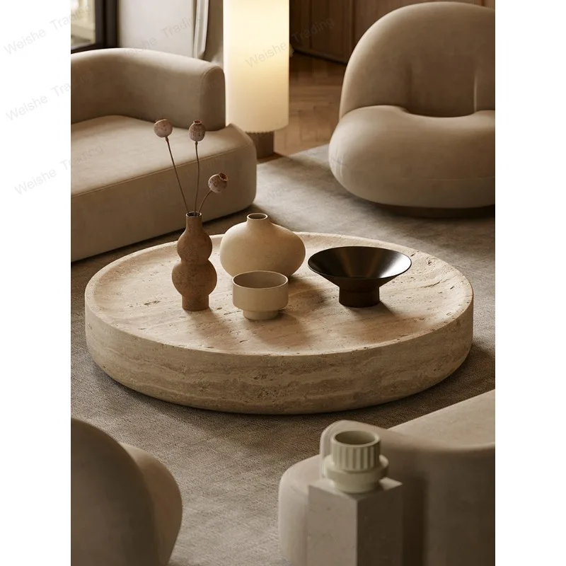 Model room Travertine coffee table, creative round coffee table in the villa of Wabi Sandy Wind Hotel
Model room Travertine coffee table, creative round coffee table in the villa of Wabi Sandy Wind Hotel