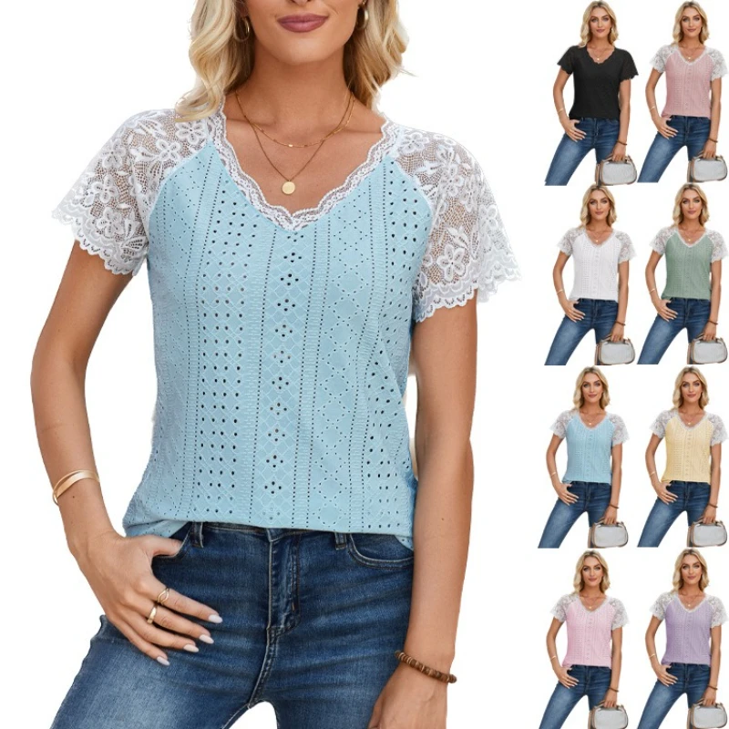 Women's Summer Tops V-Neck Lace Pullover Short Sleeves Patchwork Loose Casual Eyelet T-Shirt Fashion Hollow Out Tees
Women's Summer Tops V-Neck Lace Pullover Short Sleeves Patchwork Loose Casual Eyelet T-Shirt Fashion Hollow Out Tees