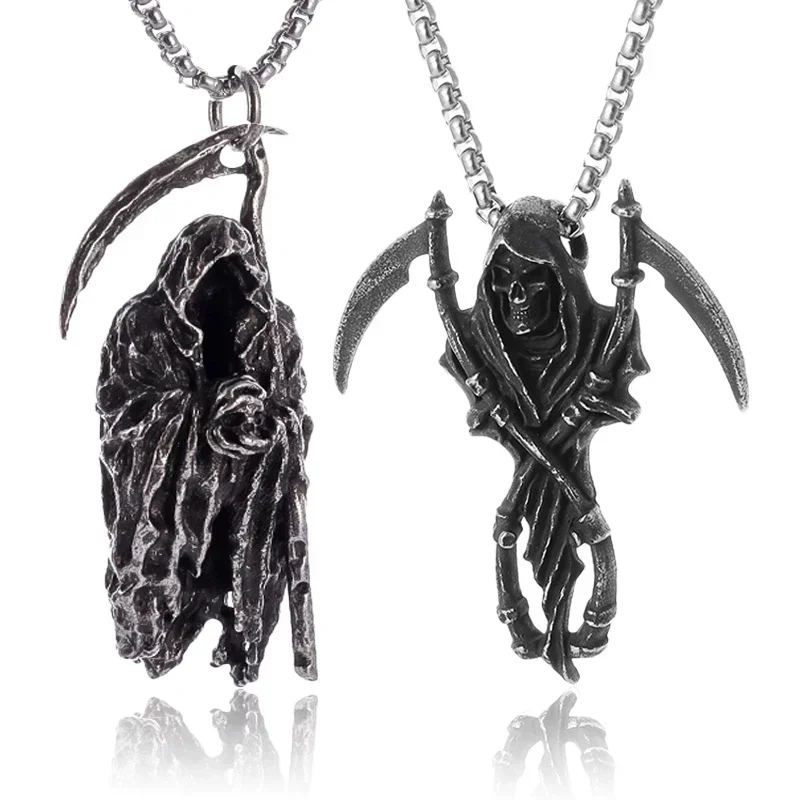 Vintage Gothic Grim Reaper Double Scythe Skull Pendant Hell Demon Necklace Mens Halloween Rock Party Punk Jewelry Gifts
Vintage Gothic Grim Reaper Double Scythe Skull Pendant Hell Demon Necklace Mens Halloween Rock Party Punk Jewelry Gifts