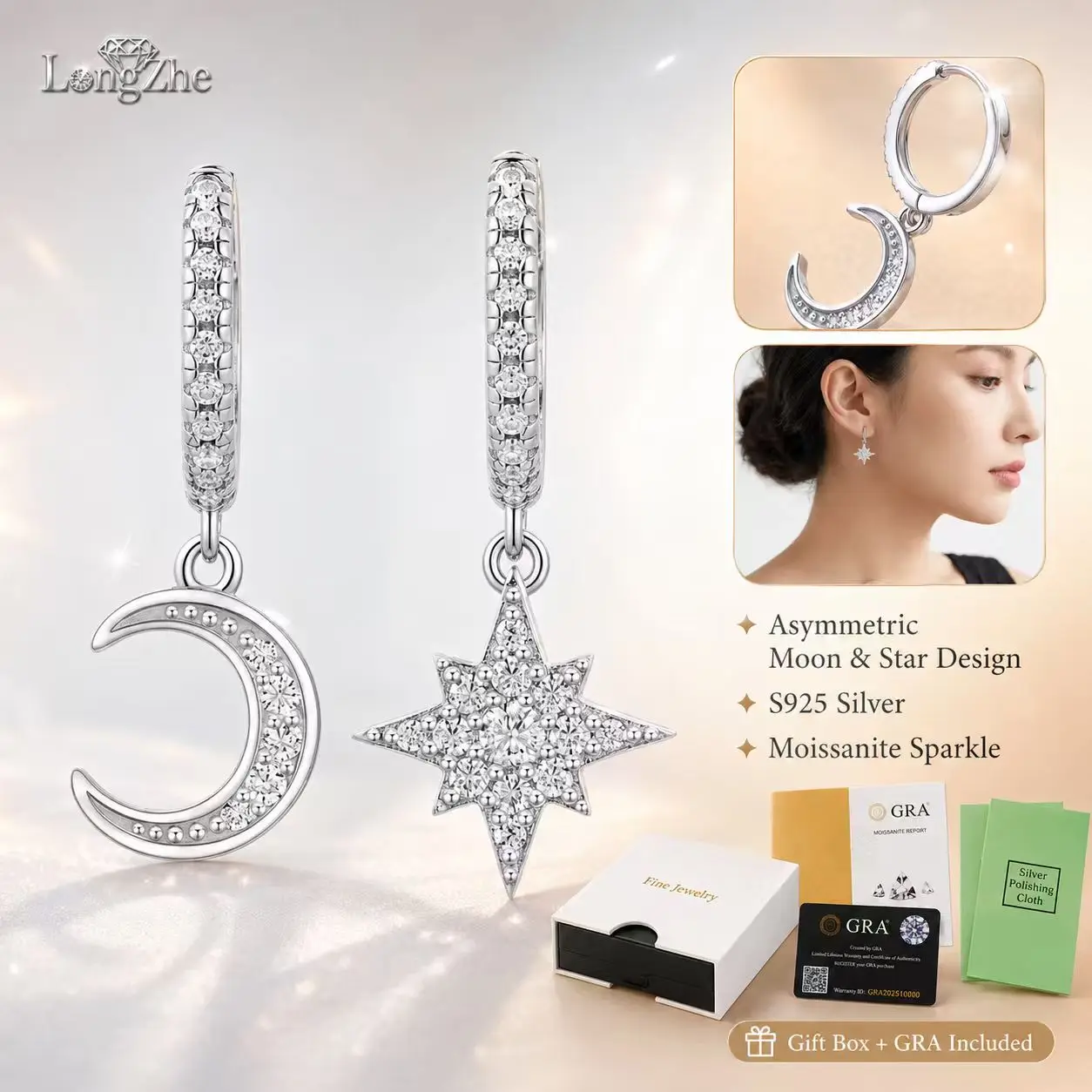 GRA Certified Moon & Star Moissanite Drop Earrings 925 Sterling Silver Asymmetric Earrings for Women
GRA Certified Moon & Star Moissanite Drop Earrings 925 Sterling Silver Asymmetric Earrings for Women
