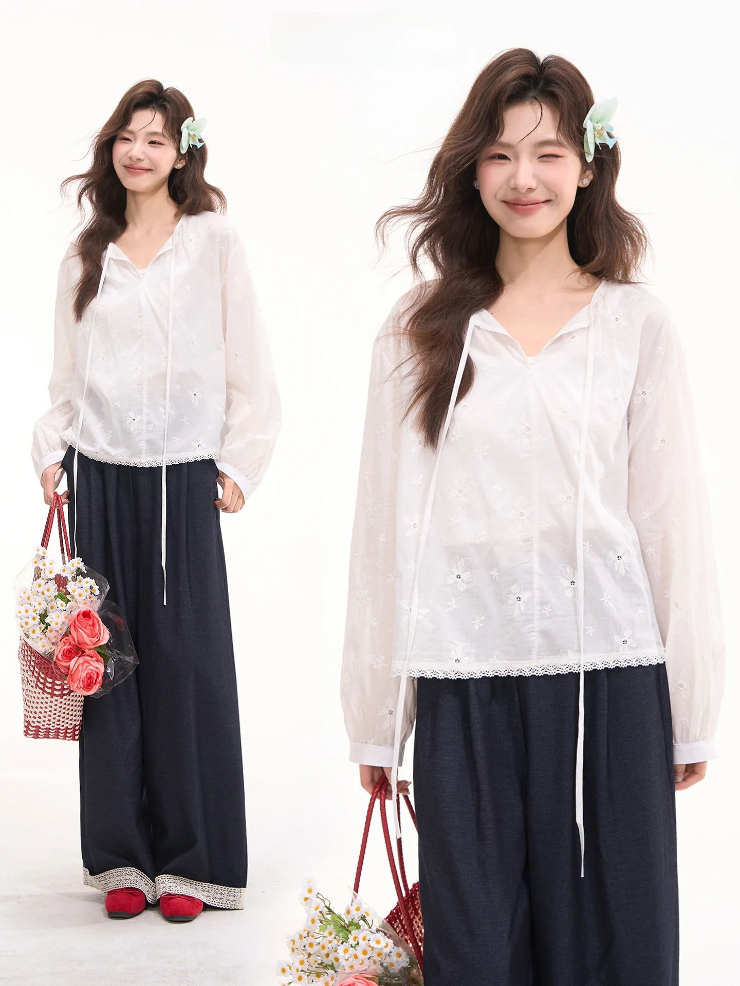 White Cotton Embroidered Flower Long Sleeve Shirt Women's Summer Top Knot Tie Casual Loose Fit Plant Floral Patterned
White Cotton Embroidered Flower Long Sleeve Shirt Women's Summer Top Knot Tie Casual Loose Fit Plant Floral Patterned