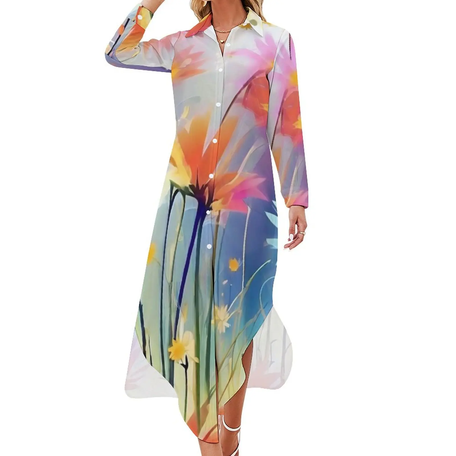 A beautiful flowers blooming, abstract bright colour pattern Long Sleeved Shirt Dress Summer women's clothing Women's dress
A beautiful flowers blooming, abstract bright colour pattern Long Sleeved Shirt Dress Summer women's clothing Women's dress