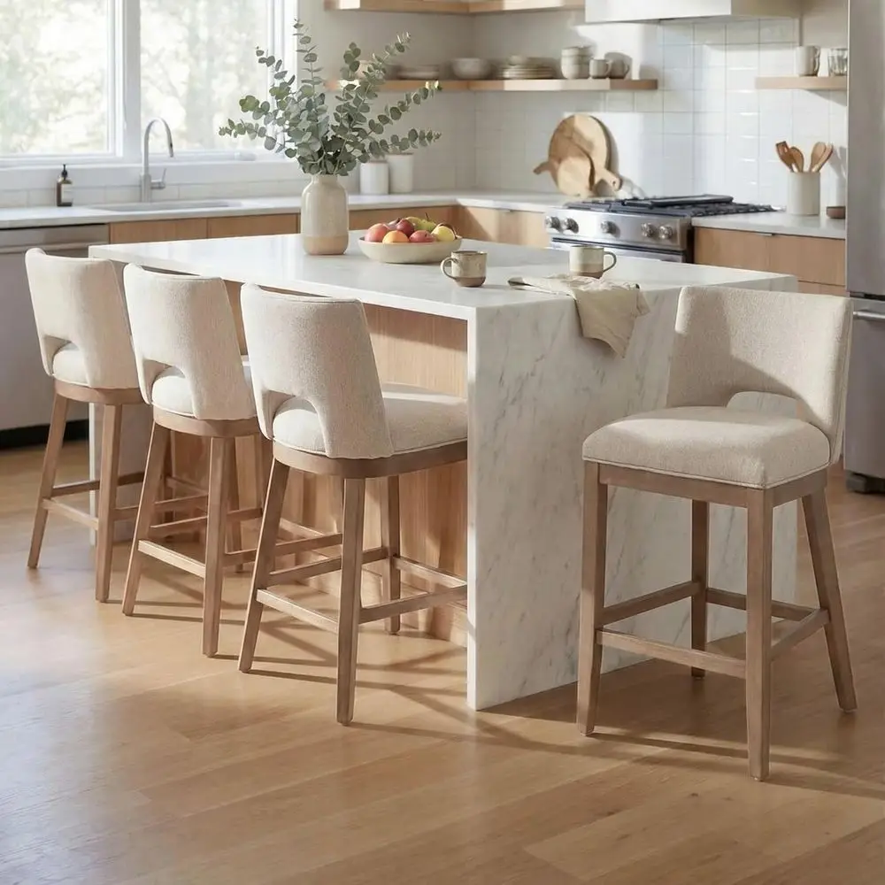 Set of 4, 26 Linen Upholstered Counter Height Barstools, Open Back, Beige
Set of 4, 26 Linen Upholstered Counter Height Barstools, Open Back, Beige