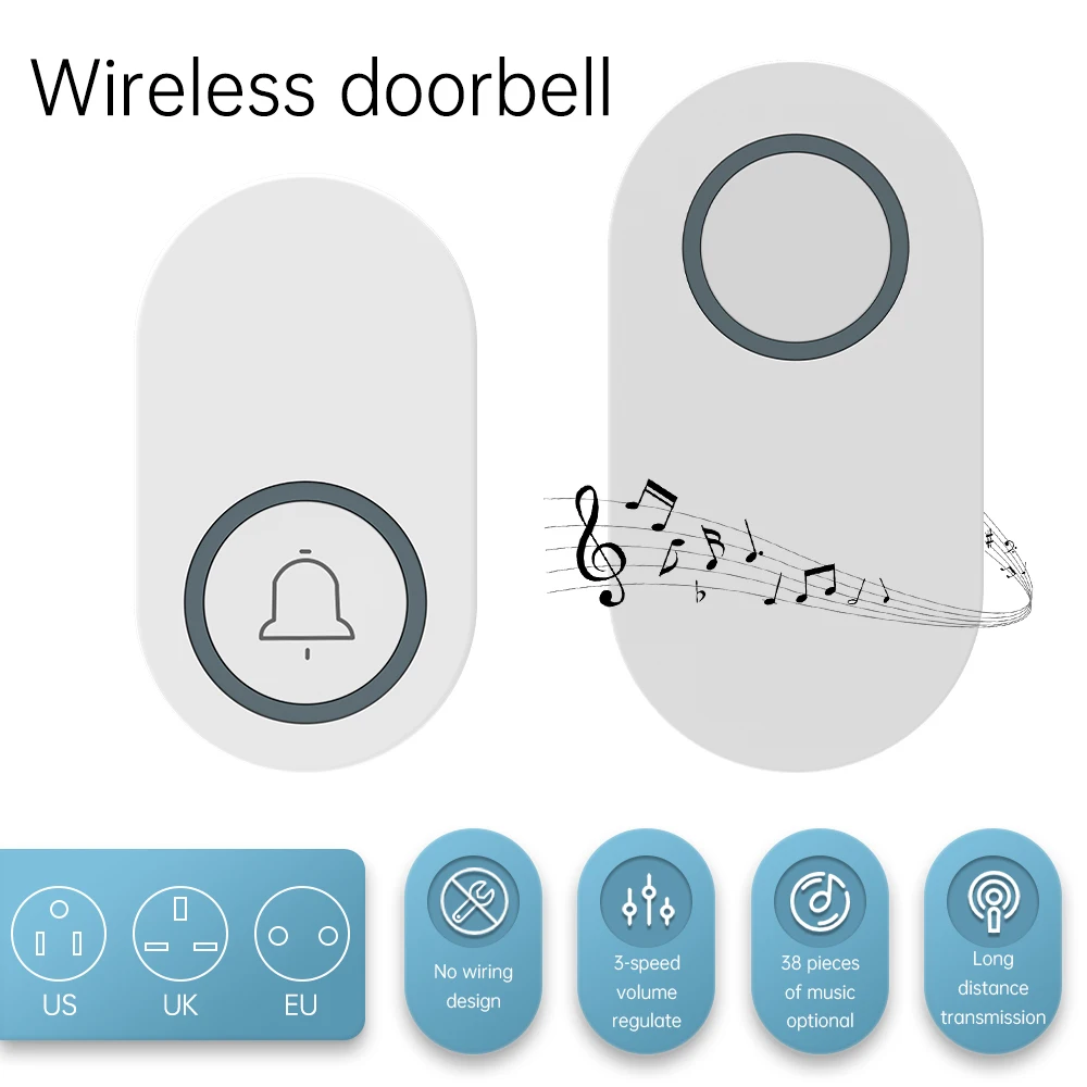 Wireless Doorbell with 38 Melodies,150M Range & Waterproof Door Bell Button with Memory Function,3-Level Volume,No Wiring
Wireless Doorbell with 38 Melodies,150M Range & Waterproof Door Bell Button with Memory Function,3-Level Volume,No Wiring