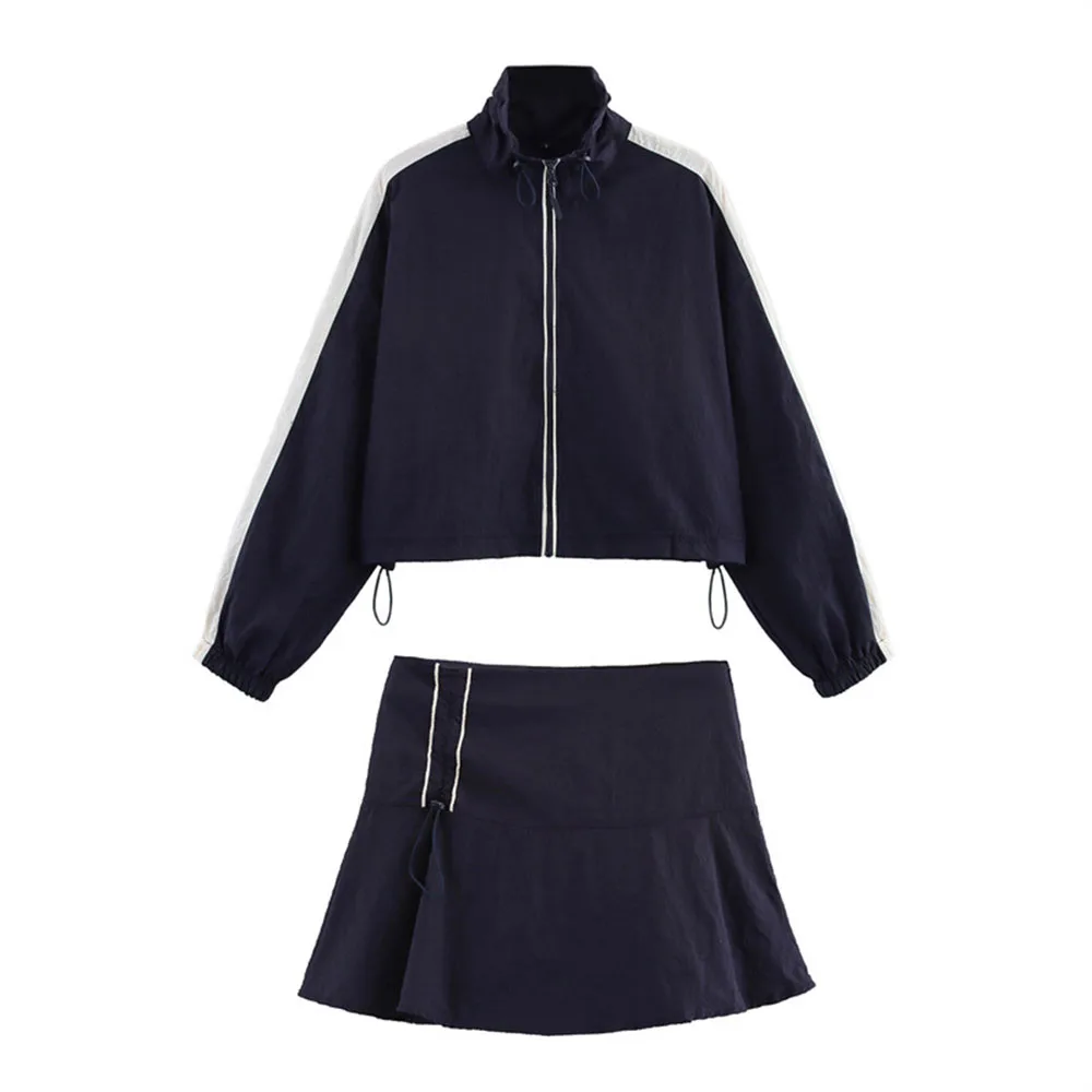 Hot Sale Striped Navy Blue Coat And Skirt Set Summer Stand Collar Zipper Jacket Casual Fashion Matching Two Piece Set For Women
Hot Sale Striped Navy Blue Coat And Skirt Set Summer Stand Collar Zipper Jacket Casual Fashion Matching Two Piece Set For Women