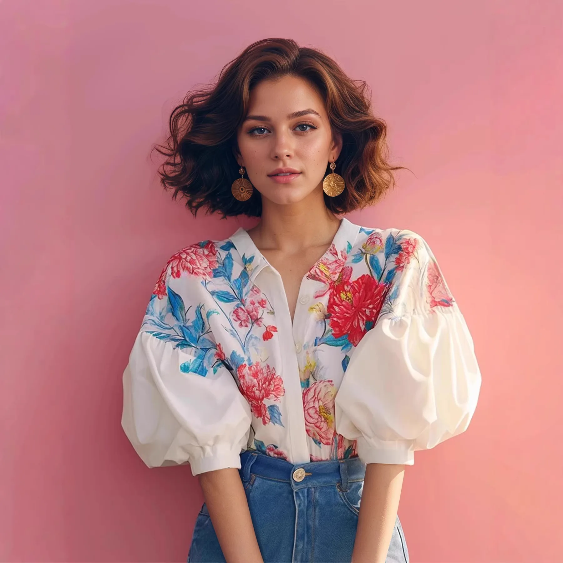 Cross-Border Bubble-Sleeve Floral Shirt Women's Beautiful Short-Sleeve Elegant Ladylike Summer Casual Loose Fit Polyester Fiber
Cross-Border Bubble-Sleeve Floral Shirt Women's Beautiful Short-Sleeve Elegant Ladylike Summer Casual Loose Fit Polyester Fiber